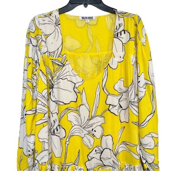 WALTER BAKER Lilith Relaxed Long Sleeve Mini Dress in Yellow Floral Print Size L - Picture 8 of 10